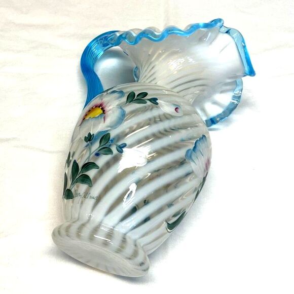 Fenton 90th Spiral French Opal Pitcher Blue Handle Ruffle Rim Poppy Art Glass - Picture 6 of 10